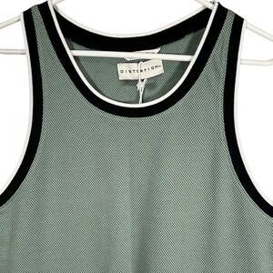 Distortion Mens Textured Knit Ringer Tank Top Sage Green Black White Trim Size M